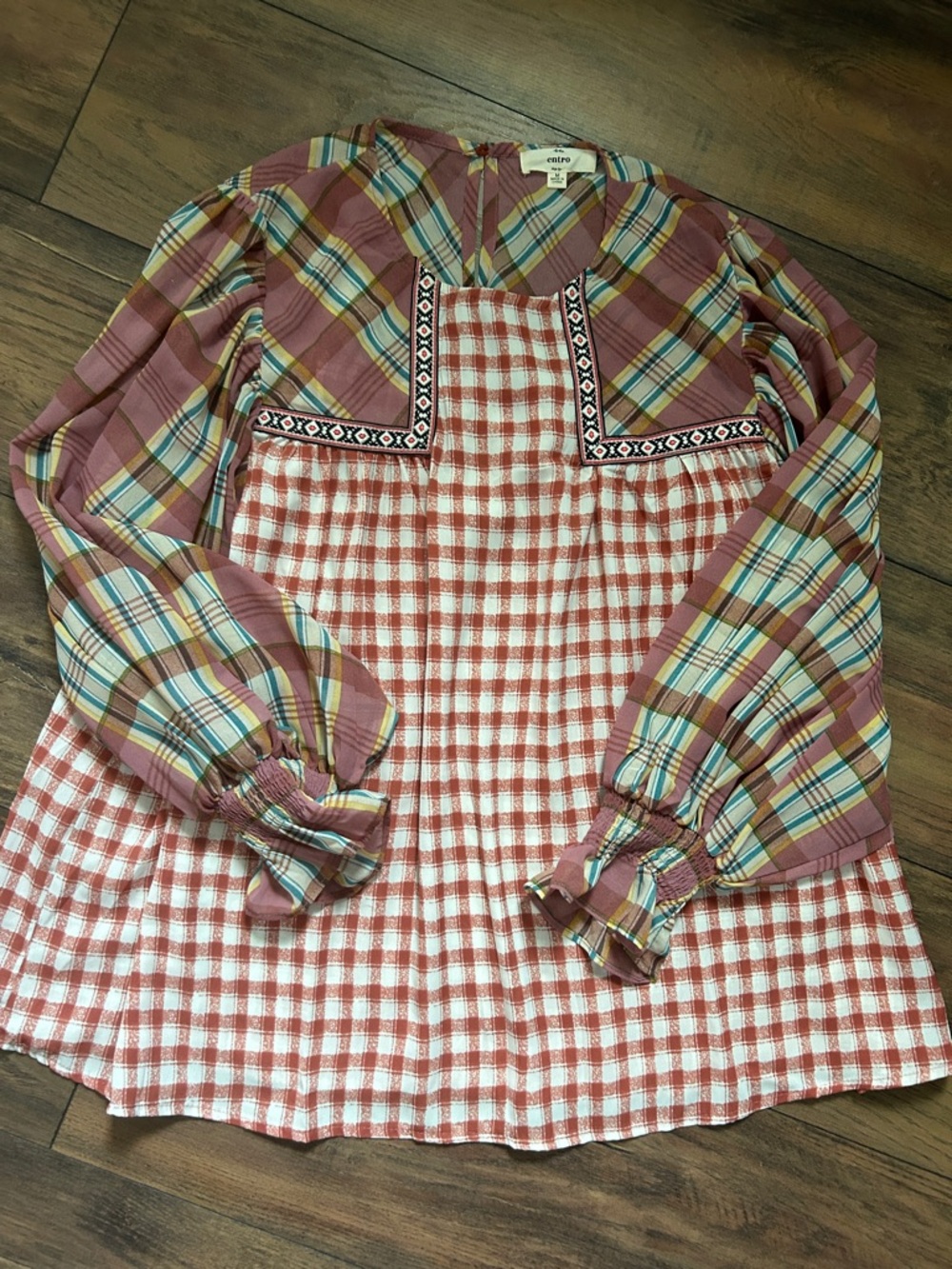 Entro Mauve Plaid & Gingham Patchwork Blouse